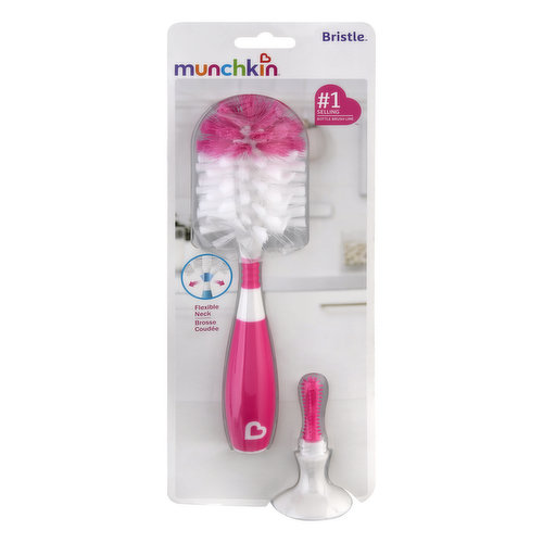 No. 1 selling bottle brush line. Flexible neck for hard-to-reach spots. Softer bristles for less splashing. Suction cup base. munchkin.com. Made in China.