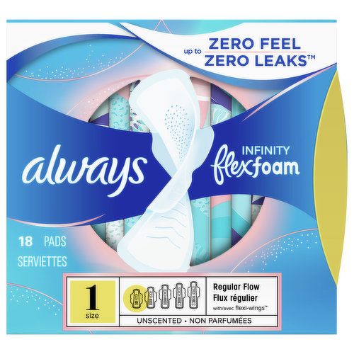 Try Always Infinity FlexFoam for a pad that feels like nothing and protects like nothing else! With Always Infinity FlexFoam pads a Zero Leak and Zero Feel period is possible. FlexFoam pads absorb up to 10x their weight. FlexFoam pads are unbelievably thin and flexible, so your pad moves with you, not against you. Zero Feel protection is possible with our driest, breathable top layer, and super absorbent holes that pull wetness away from your skin. Always FlexFoam pads are dermatologically tested, and approved as skin friendly by the Skin Health Alliance. Always products are FSA/HSA Eligible.Always Infinity pads are made with FlexFoam, Not Fluff. With Always Infinity FlexFoam, the holes and slots in the core pull fluid away from your body and distribute it to the bottom of the pad. So, it absorbs more and leaves you feeling drier, for protection that doesn’t hold you back.Always Infinity FlexFoam pads offer up to 10 hours of protection, so in between balancing the day's to-do list, you don't have time to question your period protection. In addition, they also have a breathable top layer that keeps you feeling dry all day long, so you can say goodbye to hot and stuffy.