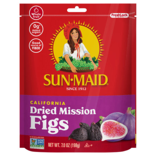 Sun-Maid® California Dried Mission Figs - A nutritious and delicious fruit, mission figs have a sweet, honeyed flavor with a hint of berry. Sun-Maid’s mission figs have 0g added sugar and are a good source of fiber. Deep purple, ripe and tender, they’re perfect for a snack, in baked treats or as a healthy option in a salad, granola or trail mix. Delicious paired with cheese or chocolates!