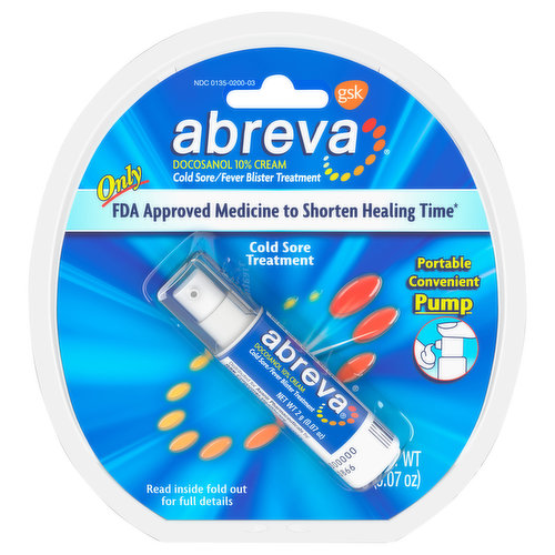 Abreva Docosanol 10% Cream is a cold sore treatment that acts fast to tackle cold sores at their source. Formulated with docosanol 10%, this fever blister and cold sore medication helps to shorten the duration of tingling, pain, burning and itching associated with cold sores if used as directed at the first sign of a tingle. Unlike other cold sore remedies that just soothe symptoms, Abreva Cold Sore Treatment penetrates deep to create a barrier around healthy skin cells to prevent the spread of herpes simplex virus type 1 (HSV-1). Abreva Cream is the only nonprescription cold sore medicine approved by the FDA to shorten healing time to heal cold sores in as few as 2 1/2 days (1). This healing cream should be applied 5 times a day until your cold sore is fully healed, for a maximum of 10 days. This Abreva Docosanol 10% Cream pump bottle is easy to apply and take on the go.
(1) When used at the first sign
