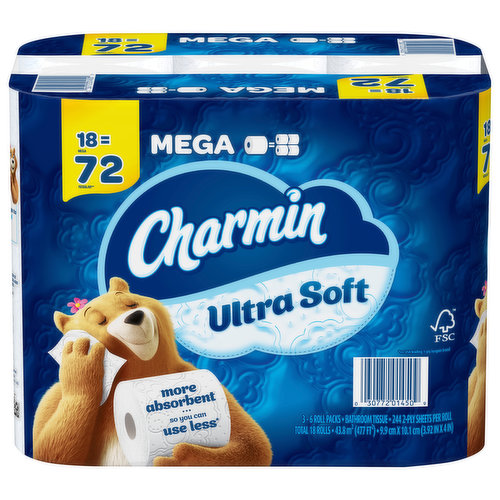 Charmin Ultra Soft is our softest toilet paper ever so it is harder than ever to resist! It is 2X more absorbent versus the leading bargain brand. When you buy Charmin Ultra Soft Mega Roll toilet paper you get a big, long-lasting roll because one Charmin Mega Roll equals 4 Regular Rolls*. Also, Charmin Ultra Soft bath tissue is 2-ply and septic-safe. We all go to the bathroom, those who go with Charmin Ultra Soft toilet paper really Enjoy the Go!
(*based on number of sheets in Charmin regular roll bath tissue)