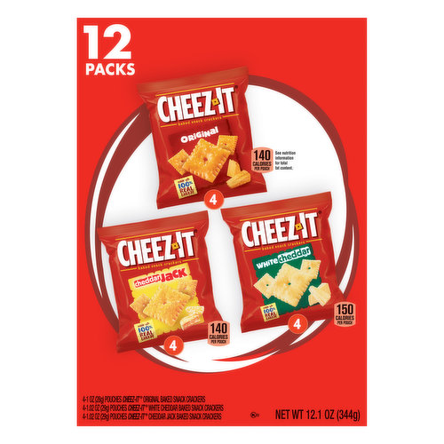 Cheez-It Snack Crackers, Original/White Cheddar/Cheddar, Baked, 12 Packs