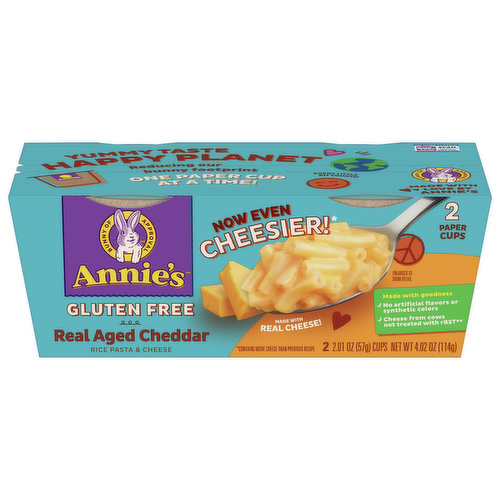 Made with real cheese. No artificial flavors, synthetic colors. Gluten free. We work with trusted suppliers to source only non-GMO ingredients. Hoppiness start here. Yummy taste happy planet reducing our bunny footprint. One paper cup at a time . Every little bit counts. Bunny of approval. Made with love by bunnies. Cheese from cows not treated with rBST(No significant difference has been shown between milk derived from rbst-treated and non rbst-treated cows). Now even cheesier (contains more cheese than previous recipe). Annies.com. how2recycle.info. We love to hear your feedback! Contact us at Annies.com or 1-800-288-1089 and reference the best if used by date. Visit annies.com to learn about our products and our commitment to a better planet and to get a fun Annie’s sticker. Box Tops For Education. No more clipping scan your receipt see how at BTFE.com We reduce our bunny footprint by using. Certified 100% recycled paperboard. Recyclable. For our cartons. Please reduce your bunny footprint, too!