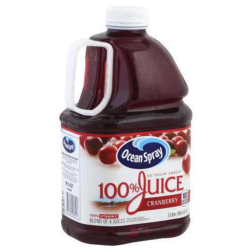100% vitamin C. Blend of 4 juices from concentrate with added ingredients. No sugar added (Not a low calorie food - see nutrition facts for sugar and calorie content. Each 8 oz glass is equal to 1 cup of fruit). 100 calories per serving. Keep it 100%. 100% profit to our farmers. No sugar added (Not a low calorie food - see nutrition facts for sugar and calorie content. Each 8 oz glass is equal to 1 cup of fruit). Contains 100% juice. 100% vitamin C. No artificial colors, flavors or preservatives. 1 cup of fruit (The USDA MyPlate recommends a daily intake of 2 cups of fruit for a 2,000 calorie diet). The Detlefsen family. Wisconsin. 5th and 6th generation cranberry farmers. Working alongside 700 other farm families as part of the Ocean Spray cooperative. Farmer owned since 1930. Contains 100% juice. Pasteurized. Thanks for Choosing Ocean Spray: For questions or comments, please call 1-800-662-3263. Please have the entire package handy. how2recycle.info.