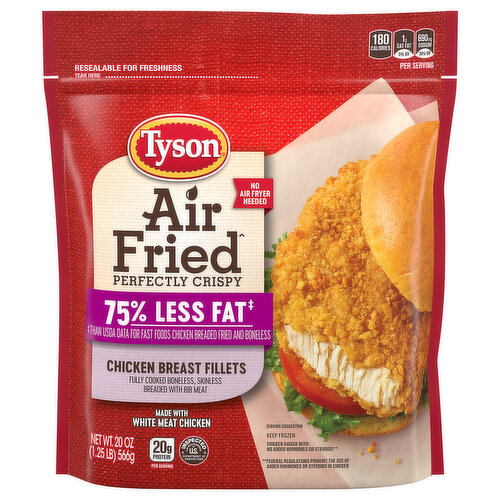 Made with chicken raised with no antibiotics ever, Tyson Air Fried Perfectly Crispy Chicken Breast Fillets are a delicious addition to any meal. Our chicken patties are made with all natural* white meat chicken, then seasoned, breaded and Air Fried to perfection. With only 4.5 grams of fat and 20 grams of protein per serving, these chicken fillets are sure to be a hit with the entire family. Fully cooked and ready-to-eat, simply prepare in an oven and serve on a toasted bun with sliced tomatoes, lettuce and mayonnaise for a delicious dinner. Includes one 20 oz. package of crispy chicken fillets. Everything seems to turn out a whole lot better when you just keep it simple. No nonsense. Just stick to the good stuff. The 100% real stuff that makes life, and chicken, great. With high quality farm raised chicken, and no antibiotics ever, we keep it real in everything we do. Keep it real. Keep it Tyson. *Minimally processed, no artificial ingredients