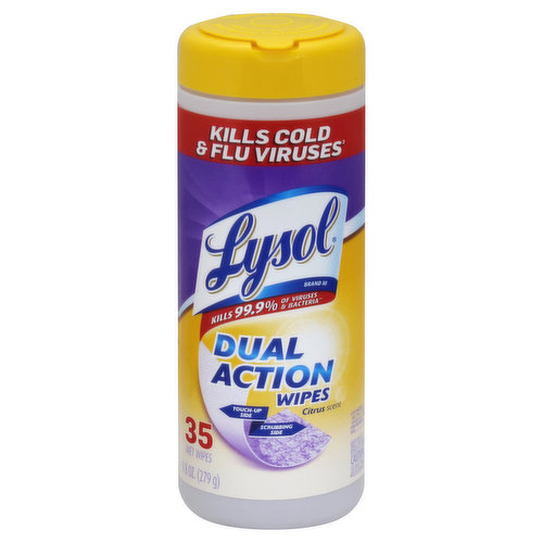 Kills cold & flu viruses (kills influenza A virus H1N1) and human coronavirus on hard, non-porous surfaces in 2 minutes). Kills 99.9% of viruses & bacteria (kills salmonella enterica (salmonella), influenza A virus (H1N1), herpes simplex virus type 1 and respiratory syncytial virus on hard, non-porous surfaces in 4 minutes). Touch-up side. Scrubbing side. Use this product as a convenient way to clean and disinfect your household surfaces. Each pre-moistened disposable wipe has a scrubbing side for tough jobs like soap scum and grease and a softer side for wiping away everyday messes. Great for use in your kitchen, bathroom, and all over the house. Effective disinfecting has never been easier. Do not use on dishes, glasses or utensils. Kitchen: sink & counter; garbage cans; refrigerator exteriors; light switches. Bathroom: bathtub & faucets; toilet seats; shower areas; door knobs. Electronics: laptop & tablets; smartphones; gaming consoles; remote controls. Disinfects: influenza A virus (H1N1); respiratory syncytial virus; salmonella enterica (salmonella); Escherichia coli extended spectrum beta-lactamase (ESBL); Escherichia coli 015:H7 (E. Coli); listeria monocytogenes; staphylococcus aureus methicillin resistant (HA-MRSA); herpes simplex virus type 1; staphylococcus aureus (staph); influenza H7N9 (wildtype A/Anhui/1/2013); human coronavirus; pseudomonas aeruginosa; streptococcus pyogenes (strep); campylobacter jejuni; shigella flexneri serotype 18. Sanitizes: Enterobacter aerogenes; staphylococcus aureus. Fungistatic: aspergillus niger (mold & mildew). Contains no phosphates. This canister is made of 25% post-consumer recycled plastic. Health. Hygiene. Home. Questions? 1-800-228-4722. For ingredient information, www.rbnainfo.com. Made in USA.