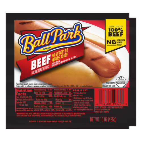 Ball Park Beef Hot Dogs are uncured and made with 100% beef. Ball Park all beef hot dogs are fully cooked, making lunch and dinner simple and easy. Heat and serve Ball Park hot dogs inside or on the grill for a quick, crowd pleasing meal. Top your beef franks with chili and cheese or keep it classic with ketchup and mustard. Keep these 100% beef hot dogs refrigerated.