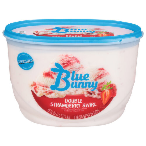 Strawberry flavored frozen dairy dessert. Strawberries. Strawberry swirl. Contains bioengineered food ingredients. Premium. Made with fun. Le Mars, Iowa. What you see is what you'll love. So grab a spoon, dig in and see for yourself. Every bite is fun by the bowlful! Years & years with bunny ears. Wells. Since 1913. bluebunny.com. We welcome your questions or comments. Call us weekdays 8am to 5pm CST. Premium strawberry ice cream with strawberries and strawberry swirl. Fun by the Bowlful. On Trend Flavors and Proven Varieties. Give in to the Bunny