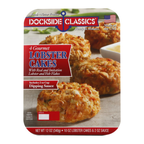 With real and imitation crab and fish flakes. Includes 2 oz cup cocktail sauce. 10 oz crab cakes & 2 oz sauce. Fresh. Never Frozen. Ready on minutes. DocksideClassics.net. Made in the USA.