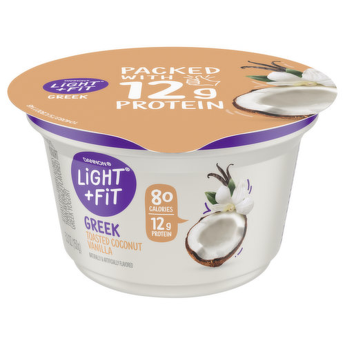 Give your taste buds a reason to rejoice with Dannon Light + Fit Toasted Coconut Vanilla Greek Nonfat Yogurt. Our Greek nonfat yogurt comes in single-serve cups, so you can live your life uninterrupted and enjoy them on the go. And with 80 calories and 12g of protein per 5.3 oz serving, it’s a delicious, convenient option that helps you stick to a healthy routine.At Light + Fit, we believe that healthy living feels lighter when defined by what’s right for you. We commit to opening the door to a world of health where you are free to be who you are. With our wide selection of yogurts and protein smoothies, we make it easier to define healthy living with joyfully, fulfilling foods and experiences that are in tune with your unique body needs. Light + Fit nonfat yogurt and nonfat yogurt drinks are not only delicious, but also fit nicely into your wellness routine. Add Some Light to your day with Light + Fit!