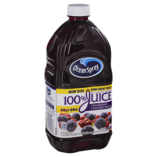 Flavored blend of 3 juices from concentrate with added ingredients. No artificial colors or preservatives. 130 calories per serving. 100% vitamin C. No sugar added (Not a low calorie food - see nutrition facts for sugar and calorie content). New size. Same great price (Based on manufacturer's suggested retail price. Actual prices may vary). Keep i t 100%. 100% profits to our farmers. No artificial colors or preservatives. 1 cup of fruit (each 8 fl oz glass is equal to 1 cup of fruit. The USDA MyPlate recommends a daily intake of 2 cups of fruit for a 2,000 calorie diet). The Gilmore family. Massachusetts. 5th and 6th generation cranberry farmers. Working alongside 700 other families as part of the Ocean Spray Cooperative. Farmer owned since 1930. Pasteurized. how2recycle.info. Thanks for choosing Ocean Spray: For questions or comments please call 1-800-662-3263. Please have the entire package handy.