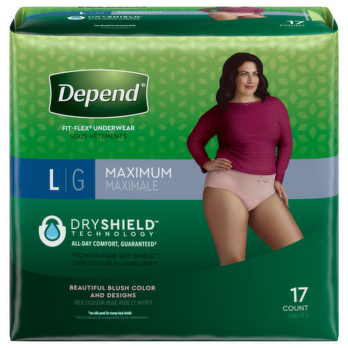 Depend Fit-Flex Women’s Incontinence Underwear is extremely soft, yet strong and keeps you protected from bladder leaks with DryShield Technology, providing you all day comfort, guaranteed.* Absorbent material instantly locks in wetness and odors, providing long lasting dryness and a more comfortable** experience. Designed with the SureFit waistband to help keep it in place and form-fitting elastic strands to provide a discreet fit under clothing, unlike bulky adult diapers. This disposable underwear is available in a beautiful blush color and three feminine designs. Unscented underwear is soft, quiet and breathable. Depend FIT-FLEX for Women with Maximum Absorbency is available in five sizes: (24-30” waist), size medium (31-37” waist), size large (38-44” waist), size extra-large (45-54” waist), size extra-extra-large (55-64” waist). HSA/FSA-eligible in the U.S. *If you're not completely satisfied with the fit of your Depend Underwear, we can help. Original receipt/UPC required. Restrictions apply. See Depend website for details. Purchase by 12/31/24. Mail in by 1/31/25.**vs. the leading bargain brand