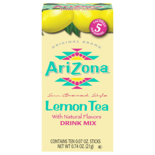 AriZona Sun Brewed Style Lemon Tea with Natural Flavors Powdered Drink Mix is an on-the-go drink mix that provides the delicious taste you know and love from AriZona Iced Teas. These zero sugar, low calorie, lemon flavored packets are the perfect addition to water for a refreshing drink. With 5 calories per stick, mix this low calorie drink mix into bottled water for an easy drink you can take on-the-go. This box of ten 0.07 ounce powdered lemon tea flavored packets make it easy to fit a packet in your bag, desk, or car, so you can enjoy a refreshing drink anywhere. Easy to use and ideal for mixing anytime.