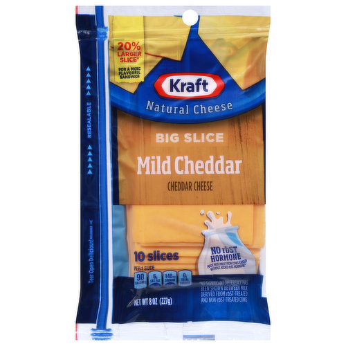 20% larger slice (Big slice dimension versus regular sized Kraft natural cheese slices). For a more flavorful sandwich. No rbST hormone made with milk from cows raised without added rbST hormone (No significant difference has been shown between milk derived from rbST-treated and non-rbST-treated cows). Bigger flavor in a big slice. For over 100 years, Kraft has been making the cheese your Family Loves. So, no matter how you like it, we've got a cheese for you. Family greatly.