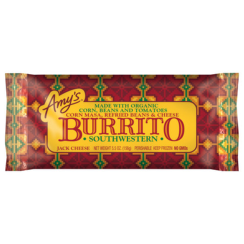 Amy's Frozen Southwestern Burrito, Made with Organic Corn, Beans and Cheese, Non-GMO, 5.5 oz.