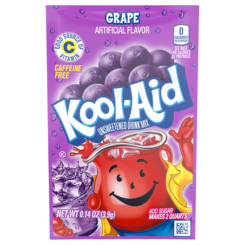 Artificial flavor. 0 calories per 1/5 package. See back calories as prepared. Caffeine free. Gluten free. Good source of vitamin C. Add sugar. Makes 2 quarts. Call toll free 1-800-367-9225. Kool-Aid Artificially Flavored Grape Unsweetened Powdered Drink Mix is a delicious way to stay hydrated. This unsweetened powdered drink mix makes it easy to prepare a tasty purple grape drink. Just mix it with water and sugar or your sweetener of choice. Quench your thirst with the refreshingly sweet taste of grape. With no caffeine, this artificially flavored grape powdered drink mix is always a great choice for the whole family. It's also a good source of vitamin C. These handy packets of unsweetened grape drink ensure that you always have a refreshing beverage ready-to-go. To prepare, empty contents of the 0.14 ounce drink mix packet into a plastic or glass pitcher. Add 1 cup of sugar or sweetener. Then, just add ice and water and stir for a 2 quart supply of tasty grape Kool-Aid.