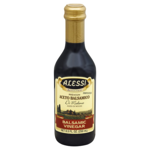 Premium. Aged in wood. www.alessifoods.com. A deposit found in the bottle is a natural occurrence of the product and does not deter the quality. Acidity 6%. Product of Italy. Packed in the USA.
