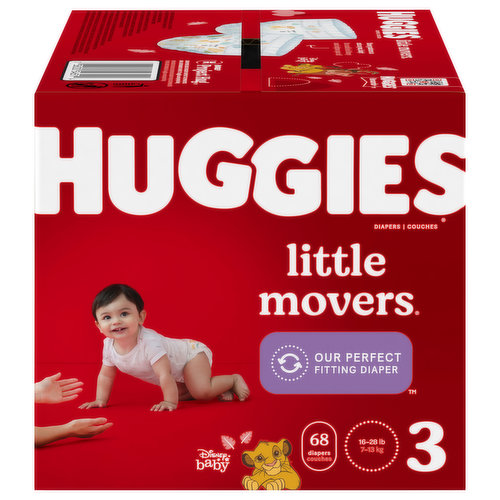 Our perfect fitting diaper, Huggies Little Movers Baby Diapers are designed for active babies! Little Movers baby diapers feature a contoured shape to offer red-mark free protection around the legs and SnugFit Waistband that helps eliminate gaps at the legs and waist. Double Grip Strips hold the diaper in place and help prevent sagging for worry-free running, jumping and playing. Little Movers features Huggies DryTouch Liner, which locks away 99% of wetness helping keep your baby’s skin dry and healthy. These baby diapers help eliminate leaks for up to 12 hours of protection for your baby, while the soft, back pocketed waistband helps prevent diaper blowouts. Plus, a wetness indicator easily lets you know when your baby is ready for a diaper change. These disposable baby diapers also include a SizeUp indicator, so you'll know when it's time for your baby to move up to the next size. Little Movers baby diapers are hypoallergenic, dermatologist tested, fragrance free, lotion free, paraben free, and free of elemental chlorine and natural rubber latex, making them safe for sensitive skin. Featuring exclusive Disney's The Lion King designs, Little Movers Diapers are available in size 3 (16-28 lbs), size 4 (22-37 lbs), size 5 (27+ lbs), size 6 (35+ lbs) and size 7 (41+ lbs). Join Huggies Rewards+ powered by Fetch to get rewarded. Earn points on Huggies diapers and wipes, in addition to thousands of other products to redeem for hundreds of gift cards. Download the Fetch Rewards app to get started today! (*Wet Fit, Among Open Diapers)