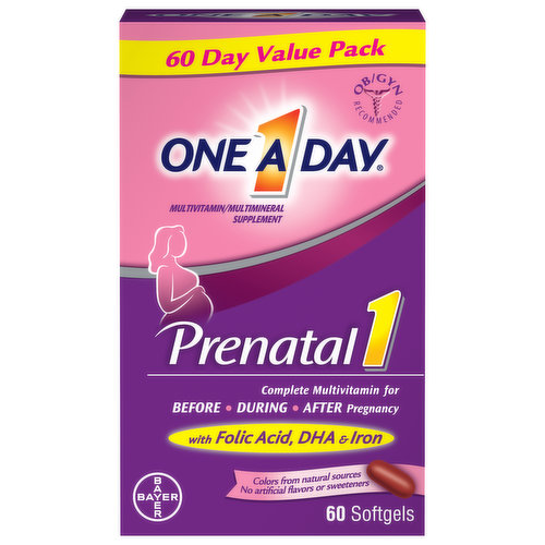 60 Day value pack. OB/Gyn recommended. Complete multivitamins for before, during, after pregnancy with folic acid, DHA & iron. Color from natural sources. Due to the use of colors derived from natural sources, some dark spots may appear on the softgel over time. This does not impact product quality or safety. A complete multivitamin with more of what matters to mom and baby. One A Day Women's Prenatal 1 supports your nutritional needs at three key stages: 1. While you're trying to conceive. 2. During pregnancy. 3. And while breastfeeding. One A Day Women's Prenatal 1 is a multivitamin with at least 100% Daily Value for key nutrients such as folic acid and iron. One A Day Women's Prenatal 1 also has DHA, an Omega-3 fatty acid, that helps support healthy fetal brain and eye development during pregnancy and is also recommended by experts for breastfeeding mothers. No synthetic colors. No high fructose corn syrup.
