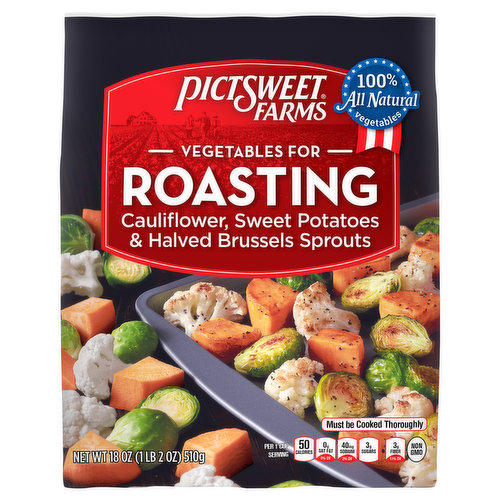 Per 1 Cup Serving: 50 calories; 0 g sat fat (0% DV); 40 mg sodium (2% DV); 3 g sugars; 3 g fiber (11% DV). Non GMO. www.pictsweetfarms.com. 100% grown on American soil.