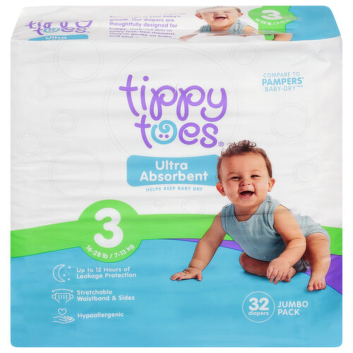 Tippy Toes Diapers, Ultra Absorbent, Size 3 (16-28 lb), Jumbo Pack