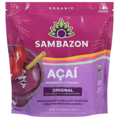 Sambazon Superfruit Packs, Acai, Original Blend, 4 Pack