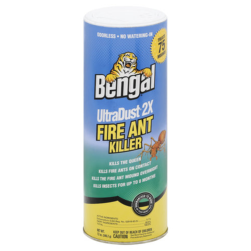 Odorless. No watering-in. Treats 75 mounds. Kills the queen. Kills fire ants on contact. Kills the fire ant mound overnight. Kills insects for up to 8 months. Faster acting than bait products. Does not clump or absorb moisture. Also use on roses and ornamentals. Bengal UltraDust 2X Fire Ant Killer can be used for long-lasting pest control around homes and their immediate surroundings. Permitted areas of use include but are not limited to: animal quarters, apartments, household greenhouses, houses, mobile homes and recreational vehicles and ornamentals. This product is intended for applications from the shaker can to hiding and runway areas and other places where insects are found. Guaranteed to work or your money back. www.bengal.com.
