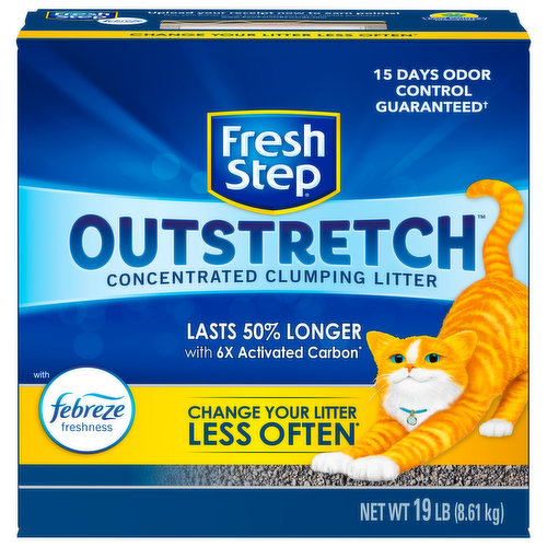 With febreze freshness. 15 days odor control guaranteed (For complete terms and conditions, see freshstep.com/guarantee). Lasts 50% longer with 6x activated carbon (vs. Fresh Step Multi-Cat). Change your litter less often (vs. Fresh Step Multi-Cat). Concentrated Litter Lasts Longer: Our microgranule technology absorbs 50% more waste & odor, so Outstretch lasts 50% longer and requires less changing (vs. Fresh Step Multi-Cat). Smooth Scooping & Quick Cleaning: Litter traps waste at the surface to form tight clumps with less crumbles, making scooping and cleaning a breeze. Superior Odor Control: With Febreze freshness and 6X activated carbon, our litter controls odors for a longer period of time (vs. Fresh Step Multi-Cat). Pet Friendly: Smooth particles are gentle on paws for easy digging and ultimate comfort. Sold by weight, not by volume. Contents may settle during shipping. Paw Points Rewards: Upload your receipt now to earn points! Plus, earn points for cat food, treats and other eligible purchases (For complete terms and conditions, see freshstep.com/guarantee). Earn Pawsome Rewards! Now with more ways to earn points. Eligible purchases now include cat litter, cat food, treats and more (For complete terms and conditions, see freshstep.com/guarantee). Easily sign up at PawPointsRewards.com. Upload your purchase receipt: No codes required. Start racking up Paw Points: Redeem for rewards.