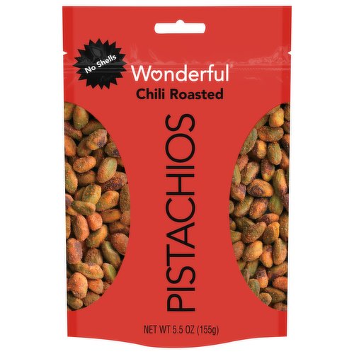 Turn up the heat with Chili Roasted Wonderful Pistachios No Shells. They’re bursting with the big, bold flavors of red pepper, garlic and vinegar to tingle your tongue and keep you craving more. Skip the shells and get spicy for Less Crackin’, More Snackin’.  NUTRITIOUS and HEALTHY   Wonderful Pistachios is a good source of plant protein, with 6 grams in every serving. Every 1 oz serving has 11% of your recommended Daily Value and is a complete protein powerhouse! See nutrition information for fat content. THE RESPONSIBLE NUT ™  As The Responsible Nut ™, we’re working to build a better world by implementing more sustainable farming practices and investing in renewable energy, all while taking care of the communities of people who grow and harvest Wonderful Pistachios. WELCOME TO WONDERFUL   Wonderful Pistachios are a smart, healthy choice for folks around the world. Located in California’s fertile San Joaquin Valley, Wonderful Pistachios & Almonds owns, cultivates and harvests more than 75,000 acres of pistachio and almond orchards, and delivers pounds of nuts globally each year. The warm days and cool nights work in harmony with the region’s natural soils to create the perfect growing climate. We then carefully tend and harvest each pistachio using the latest in sustainable practices.