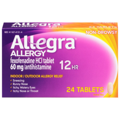 In Each Tablet: Other Information: Safety Sealed: Do not use if carton is opened or if individual blister units are torn or opened. Store between 20 and 25 degrees C (68 and 77 degrees F). Protect from excessive moisture. Fexofenadine HCl tablet. 60 mg/antihistamine. Sneezing. Runny nose. Itchy, watery eyes. Itchy nose or throat. www.allegra.com. Questions or comments? Call toll-free 1-800-633-1610 or www.allegra.com. Origin Germany.