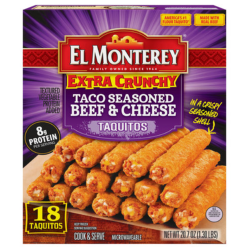 El Monterey Taquitos, Beef & Cheese, Taco Seasoned, Extra Crunchy