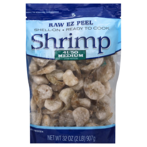 Raw EZ Peel. 41/50 medium shrimp per round. Shell-on. Ready to cook. Farm-raised. Reseal to ensure freshness. www.tbfish.com.