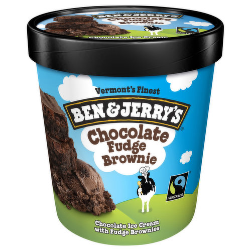 "Fudgy chunks of brownie goodness mixed into dark and rich chocolate ice cream. Sounds like a dream. At first, that’s all it was. Long ago, we were making brownie ice cream sandwiches for sale in grocery stores. Sometimes there would be broken pieces in the brownie delivery, and we’d nab them for flavor experiments. What would brownie pieces taste like in chocolate ice cream? Pretty good, as it turns out! That original experimental flavor eventually became the legendary ice cream concoction known as Chocolate Fudge Brownie. Meanwhile, Ben Cohen had met Bernie Glassman, the founder of Greyston Bakery, a Yonkers, New York, USA-based company with a mission to end poverty and give back to the community. Equally important, their brownies were just so darn good—after sampling some, Ben handwrote a note asking for two truckloads of brownie pieces. While we knew Greyston would be the ideal supplier for turning Chocolate Fudge Brownie into a flavor sold by the tub, getting the brownies to cooperate wasn’t easy. After about 25 batches of brownies and six months of work, the flavor finally debuted in 1991, and it’s been a hit ever since. All Ben & Jerry's ice cream is made with non-GMO sourced ingredients and cage-free eggs. The cocoa, sugar and vanilla in Chocolate Fudge Brownie is Fairtrade certified. And all our packaging is responsibly sourced. Greyston Bakery, one of the largest social enterprises in the USA, continues to provide the brownies for this and all of our flavors."