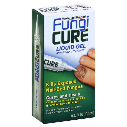 Other Information: FungiCure may be applied to cuticles, around nail edges and under nail tips where reachable with its applicator brush. This product is not intended to, nor will it, penetrate hard nail surfaces. While not all finger and toe fungal infections are curable with OTC topical medications, if you see improvement within 4 weeks of use, you may continue to use FungiCure until satisfactory results are obtained. You may report serious side effects to the phone number provided under Questions? below.  Misc: Kills exposed nail-bed fungus. Cures and heals. Contains an ingredient that kills 6 common types of fungus. Precision QuickBrush Applicator ideal for fingers and toes. Questions? 1-800-792-2582. www.Fungicure.com. FungiCure Liquid Gel is ideal for treating finger & toe area fungal infections: Kills exposed nail-bed fungus. Cures and heals. Innovative Liquid Gel adheres to infected surfaces, locking in medication with the targeted, no mess applicator. Works on exposed nail-bed surfaces where nails are missing, cracked open or otherwise breached, as well as around, adjacent to and under nail-tips wherever reachable with the precision QuickBrush applicator.
