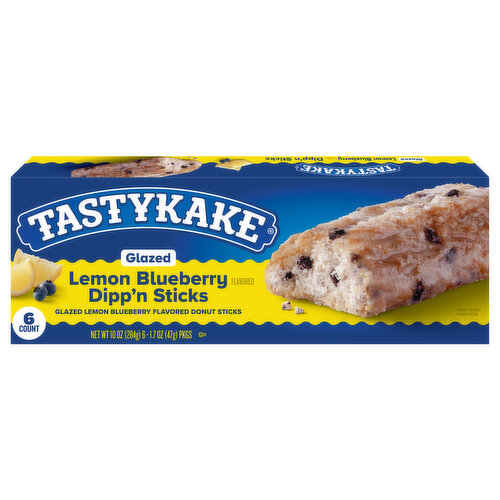 Tastykake® Glazed Lemon Blueberry Flavored Dipp'n Sticks are here to delight your tastebuds and satisfy your snacking needs. Featuring lemon blueberry flavored donut sticks with blueberry flavored bits covered in a delicious sugar glaze, these are perfect for dipping in milk or your morning coffee. With six individually wrapped Dipp'n Sticks per box, these delicious fruit flavored snacks are perfect for an on-the-go breakfast or afternoon snack. Dipp it. Dipp it good. Keep Tastykake on hand, because having any other snack is a miskake®. Tastykake has baked iconic treats for over 100 years, creating tasty cakes, muffins, donuts, pastries, pies and more. With so many delicious and unique treats to choose from and so many happy snack-lovers, why would you ever choose another brand? Whether it is a quick bite on the go or a reward after a long day, at Tastykake, we take snacking seriously, and our products are here to satisfy. Choose Tastykake and accept no substitutes®.