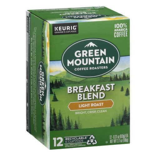 Bright, crisp, clean. Coffee Roasters. Genuine K-Cup Pods. The mountains are a special place. It's where we developed our adventurous spirit and commitment to improving the lands through sustainably sourced coffee. We're driven to bring the world a richer, better cup of coffee. Be bold. Be alive. Grab a cup and get out there. Only Genuine K-Cup Pods are optimally designed by Keurig for your Keurig coffee maker to deliver the perfect beverage in every cup. Bright, crisp blend with balanced sweetness, nutty flavor, and a clean, silky mouthfeel. Committed to 100% responsibly sourced coffee. 100% Arabica coffee. www.Keurig.com. how2recycle.info. Find us on Facebook.com/Keurig or Twitter.com/Keurig. For inquiries contact: Keurig Green Mountain, Inc. 1-866-901-Brew/1-866-901-2739. www.Keurig.com. This carton is made with recycled material. Check locally (Not recycled in all communities). Discard lid & compost grounds before recycling. how2recycle.info. Recyclable (Not recycled in all communities). Recycle [Check locally (not recycled in all communities) to recycle empty cup. Roasted in Canada. Made in Canada.