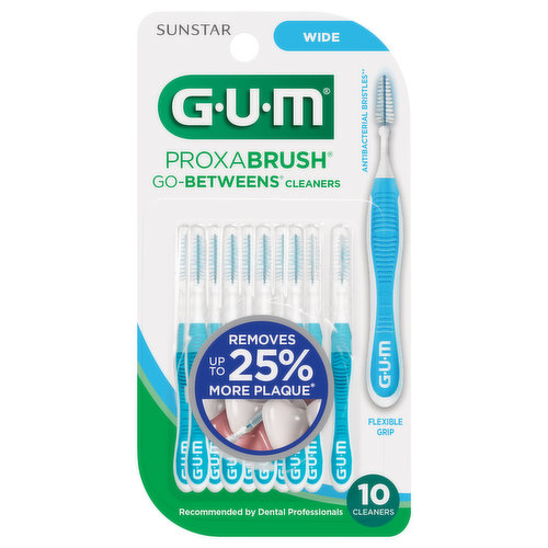 Antibacterial bristles (Bristles incorporate an antibacterial agent for continuous bristle protection. Bacterial growth that may affect the bristles is inhibited. The agent in the bristles does not protect against disease). Remove up to 25% more plaque (Compared to conventional nylon filament. Data on file (DOF-0001). Flexible grip. Recommended by dental professionals. Flexible handle for better comfort and control when cleaning hard-to-reach places. Triangular shaped bristles remove up to 25% more plaque. Bendable neck makes cleaning back teeth easy. Antibacterial bristles keep brush clean between uses (Bristles incorporate an antibacterial agent for continuous bristle protection. Bacterial growth that may affect the bristles is inhibited. The agent in the bristles does not protect against disease). Micro tight. Ultra tight. Tight. Moderate. Wide. gumbrand.com. GUMbrand.com or call us at: 1-888-777-3101. Made in USA.