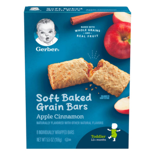 12+ months. Baked with whole grains and real fruit. Naturally flavored with other natural flavors. No artificial flavors or artificial sweeteners. Soft baked with 2 g of whole grain per serving. 8 Individually wrapped bars. The goodness of whole grains. Made with real fruit. Perfectly sized for little hands. The Good Stuff: 10% Daily value or more of 9 vitamins and minerals. No preservatives. No high fructose corn syrup. Your toddler may be ready for Soft Baked Grain Bars if they: Stand alone and begin to walk alone. Feed self easily with fingers. Bite through a variety of textures. MyGerber.com. how2recycle.info. We're awake when you are. Head to MyGerber.com to meet Dotti, your on-call personal baby expert. Or call us anytime: 1-800-4-Gerber. For Spanish: 1-800-511-6862. Product of Canada. Nourish your little one with the goodness of Gerber Apple Cinnamon Cereal Bars. Our yummy baked snack bars are made with real fruit filling and 2g of whole grains per serving.  They are a good source of 9 vitamins and minerals, including Calcium, Iron, Vitamin E, Zinc, and 5 B Vitamins. Gerber Cereal Bars - a perfect combination of the delicious taste little ones love and the wholesome nutrition parents love.