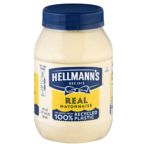 Real mayonnaise. Made with 100% cage-free eggs. Per 1 Tbsp Serving: 90 calories; 1.5 g sat fat (8% DV); 90 mg sodium (4% DV); 0 g total sugars. Contains 680mg ALA per serving, which is 43% of the 1.6g daily value of ALA. See nutrition information for fat and saturated fat content. Gluten free. Excellent source of omega 3 ALA.  Est. 1913. Real taste. Less waste. You may notice our jars are slightly darker. It's the same great mayonnaise you love, not in a 100% recycled plastic jar. Known as best foods West of the Rockies. For over 100years, Hellmann's has been committed to using real, simple ingredients to craft the highest quality mayonnaise. We are committed to sourcing our oils sustainably. Richard Hellmann. Bring out the best. Quality of this product is guaranteed. Learnaboutmyfood.com. Hellmanns.com/BlueRibbonQuality. Discover more at Learnaboutmyfood.com. Something to tell us? Please call 1-800-418-3275. Learn more at Hellmanns.com/BlueRibbonQuality. Jar made from 100% recycled plastic. Rinse & replace lid. Plastic jar. how2recycle.info.