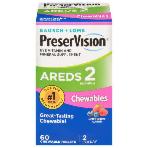 No.1 brand doctor recommended (Data on file for no.1 Doctor Recommended Brand, Bausch + Lomb PreserVision is a trademark of Bausch & Lomb Incorporated or its affiliates). Great-tasting chewable! 2 per day. PreserVision AREDS 2 Formula Provides per Day: Exact levels of 6 key nutrients from the AREDS 2 clinical study: 10 mg lutein; 2 mg zeaxanthin; 500 mg vit C; 80 mg zinc; 2 mg copper. Based on the only clinically proven formula from the landmark AREDS2 clinical study conducted by the National Eye Institute. Join our free support program Sight Matters. Membership includes: SightMatters welcome kit. Up to $60 in savings throughout the year. Expert tips and information. See insert inside for valuable coupons and to join!