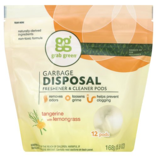 Grab Green Garbage Disposal Freshener & Cleaner Pods, Tangerine with Lemongrass