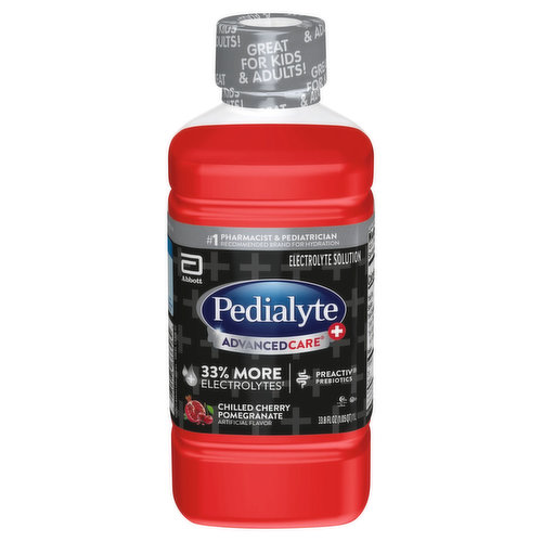 No. 1 pharmacist & pediatrician recommended brand for hydration. Preactiv prebiotics. Trusted by doctors and hospitals since 1966. Pedialyte is designed to prevent dehydration (For mild to moderate dehydration) more effectively than common beverages. 33% more electrolytes (60 mEq sodium electrolyes per liter vs 45 mEq in original Pedialyte) to help replenish higher electrolyte losses. Pedialyte Advance Care Plus quickly replenishes fluids, zinc, and electrolytes to help prevent dehydration due to: Vomiting & diarrhea; heat exhaustion; intense exercise; travel. Advanced Rehydration: Pedialyte AdvancedCare+: Replenishes electrolytes; Replenishes zinc; PreActiv prebiotics; 33% more electrolytes (60 mEq sodium electrolyes per liter vs 45 mEq in original Pedialyte). Designed for fast, effective rehydration.