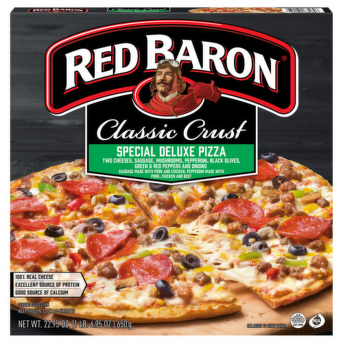 RED BARON Classic Crust Special Deluxe Pizza – One bite into our special deluxe pizza and you know this will be a moment to remember. Savor the mouthwatering taste of zesty tomato sauce, 100% real cheese and hearty toppings of sausage, mushrooms, pepperoni, black olives, green and red peppers and onions, all piled on top of our Classic Crust that’s not too thick and not too thin with just the right amount of crunch.
Our delicious, special deluxe pizza is an excellent source of protein and a good source of calcium so you can feel good about every single slice you serve. Whether it’s part of a mid-week family dinner, a late-night study session with friends, or a quick snack before sports practice, let our frozen pizzas help you and the people you love savor every moment.
Easy to make and easier to enjoy, this frozen pizza serves up quality and flavor in minutes so you can get back to what matters. Just bake this frozen pizza on the oven rack for 19 – 22 minutes at 400°F and you’re ready to serve a sizzling, melty and perfectly crunchy special deluxe pizza that will satisfy everyone around your table. Keep pizza frozen until you’re ready to enjoy.
No matter the occasion, you can count on RED BARON pizza to please the crowd. You can quickly bake our frozen pizza as part of an easy dinner, giving your family more time to catch up over every packed bite. Everyone at your next pizza party will buzz about the perfect crust and its irresistible crunch. And you’ll feel the pride and excitement of bringing people together to share a delicious meal—and lots of memorable moments—again and again.
Make your next meal mean more with a RED BARON Classic Crust Special Deluxe Pizza!