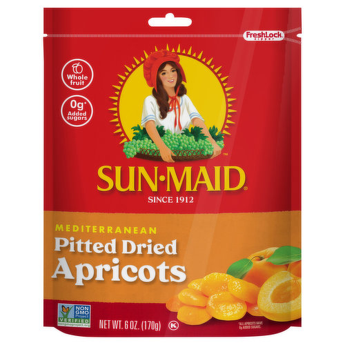 Sun-Maid® Mediterranean Pitted Dried Apricots - Picked at peak ripeness and sun-dried to perfection, Sun-Maid® Mediterranean Apricots are a naturally sweet and healthy snack for home, school, work and all stops in between. Embrace their plump and juicy splendor. These grab n’ go snacks are made with whole fruit and are Non-GMO Project Verified. Sun-Maid is the timeless and trusted go-to snack that's simple, versatile and better-for-you. Make Sun-Maid® Mediterranean Apricots a part of your daily routine, at home or on the go.