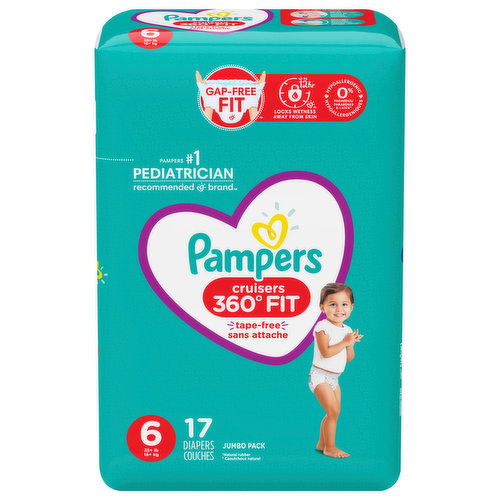 Pampers Cruisers 360 diapers are our best fit and protection for your active baby. Unlike ordinary disposable diapers that gap in the back, Pampers Cruisers 360 diapers stretch comfortably around your baby's waist and adapt to their every move for a flexible, gap-free fit that is up to 100% leakproof. Plus, they feature our Dual Leak-Guard Barriers that gently seal around your baby's legs, where leaks happen most.???And forget fiddling with ordinary diaper tapes! Pampers Cruisers 360 has a 360-degree stretchy waistband designed to quickly and easily pull up onto your wiggly baby. And when a diaper change is complete, we’ve made disposal simple. All you need to do is RIP the Easy-Tear Sides and ROLL the diaper, then secure it with the disposal tape that comes attached to the back. Simple as that.???Also, to keep your baby's delicate skin healthy, Pampers Cruisers 360 delivers breathable dryness, pulling out wetness and locking it away from skin using our exclusive LockAway Channels. Plus, Cruisers 360 is hypoallergenic—completely free of elemental chlorine bleaching, parabens and latex.* For protection that will keep your little one happy and comfy on-the-go, trust Pampers, the #1 pediatrician recommended brand.??*Natural rubber
