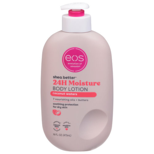 Evolution of smooth. 7 nourishing oils + butters. Soothing protection for dry skin. Sustainable natural shea wild-grown. Made for sensitive skin. Our 24H moisture body lotion with instantly moisturizing shea oil + lasting protection shea butter quickly absorbs for a luxurious, silky-smooth hydration. Creamy coconut, lush hibiscus & solar musk. Say hello to lightweight, soft, smooth skin, cruelty free, sustainable shea. Say goodbye to heaviness, greasiness, ashy skin, sticky residue. Dermatologist recommended. Paraben & phthalate-free. Cruelty free.