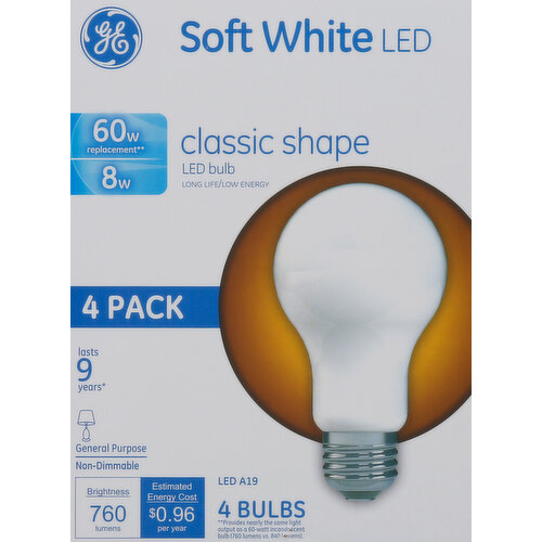 GE Light Bulbs, LED, Classic Shape, Soft White, 8 Watts, 4 Pack