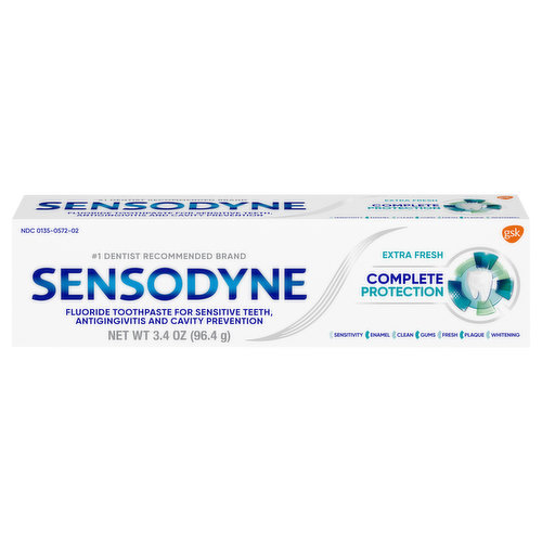 Sensodyne Complete Protection Sensitive Toothpaste is specially formulated to provide all around daily toothpaste needs in one complete stannous fluoride toothpaste. This anticavity toothpaste promotes healthy gums, fights cavities and fights gingivitis as it protects sensitive teeth for lasting relief. With twice daily brushing, this teeth whitening sensitive toothpaste also rebuilds and rehardens enamel, helps you restore the natural whiteness of your teeth and leaves a clean feeling in your mouth. At 3.4 ounces, this Extra Fresh toothpaste comes in a convenient travel size within TSA requirements, making it easy to take with you. For best results, brush for two minutes, twice daily. Get lasting protection from tooth sensitivity with Sensodyne.