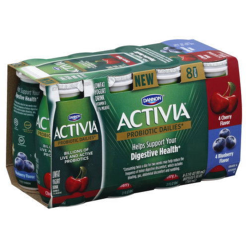 Activia Yogurt Drink, Lowfat, Cherry & Blueberry, Probiotic Dailies, 8 Pack  8 Ea, Drinkable & Tubes