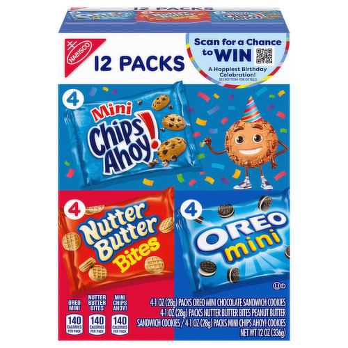 This Nabisco Cookie Variety Pack includes OREO Mini cookies, Nutter Butter Bites and CHIPS AHOY! Mini for easy, on-the-go snacking. These cookie packs are bite-size versions of classic cookies, just right for when you want a quick nibble. OREO Mini cookies have the same original creme filling, and CHIPS AHOY! Mini cookies are packed with yummy chocolate chips for delicious lunch snacks. Nutter Butter Bites have a smooth, delicious peanut butter filling that satisfies your sweet tooth. Make your lunch special with these cookie snack packs, or keep a few in your desk for an afternoon snack. This box of variety snacks includes 12 individually packaged assorted snacks for easy storage and simple lunchbox packing.